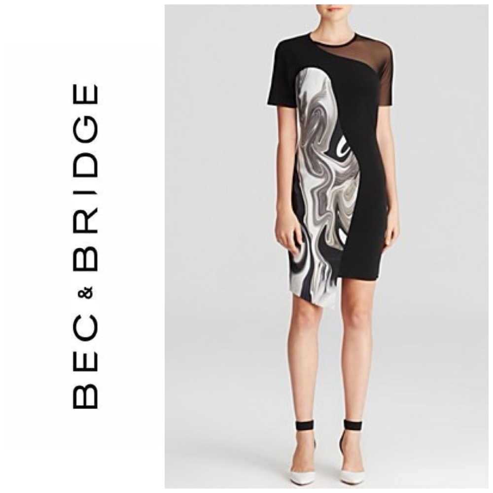 NWT Bec & Bridge Oil Slick Neoprene Print Mesh Panel Asymmetrical Dress - Picture 3 of 11